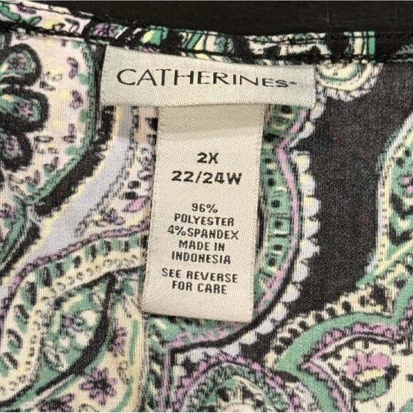 Catherines Womens 2X Long Sleeve Paisley Shift Dress Green Purple Liquid Knit - Picture 5 of 8